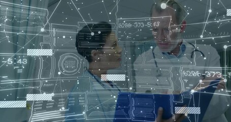 With AR interface fading in, woman doctor pointing at clipboard and peer reviewing for diagnosis - Powered by Adobe