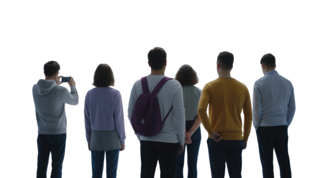 Studio photograph of six silhouetted figures standing together against a dark backdrop transparent background