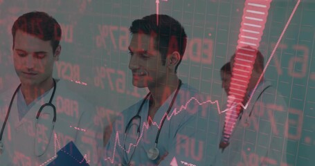 Two clinicians reviewing clipboard, chart overlay fading in and arrow climbing causing smiles