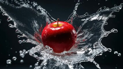 Dramatic apple splash in slow motion with water droplets in midair - Powered by Adobe