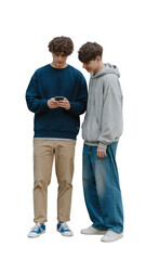Casual lifestyle photograph two young men standing looking at smartphone together representing youth culture transparent background