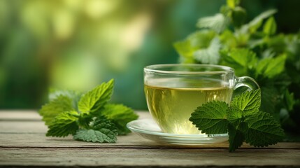 Mindfulness and well-being with a glass of fresh herbal tea and lemon balm on a rustic table, promoting healthy lifestyle and mental health.