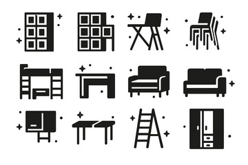 Modular Furniture Icons. Modular Furniture. Solid icons set of Modular Furniture: shelving units, storage cubes, foldable table, stackable chairs, loft bed, © Svitlana