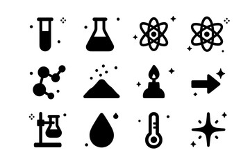 Scientific Icons Grid. Science Laboratory. Solid icons set of Science Laboratory: test tube, flask, beaker, atom, molecule, catalyst powder, Bunsen burner,