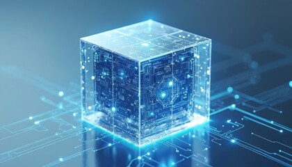 Digital tech cube design. Circuitry and light lines around a futuristic transparent glass model. Concept of innovation data processing and digital network. Visual of AI and cloud computing.