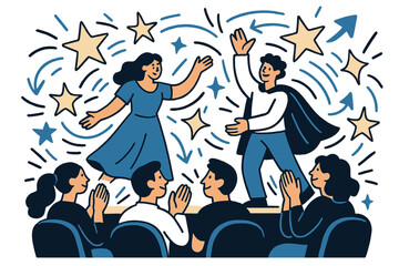 Obraz premium Vibrant Theater Applause. Theater production. Audience clapping in front of stage performance; abstract floating stars and motion lines emphasize excitement