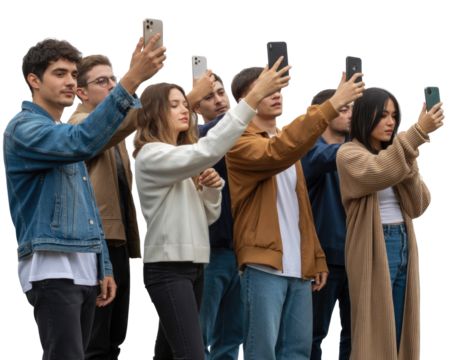 Diverse young adults capturing memories with smartphones in a group photo opportunity transparent background