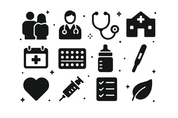 Fototapeta premium Family Health Icons. Family Health. Solid icons set of Family Health: couple, doctor, stethoscope, health clinic, calendar, contraception pills, baby bottle,