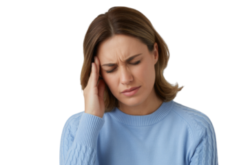 Woman experiencing migraine pain touching her temple in close-up studio portrait transparent background