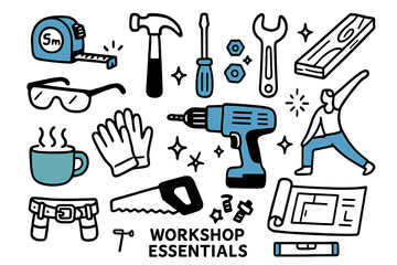 Workshop and Care Doodles. // Workshop essentials. Hand-drawn doodle illustration Workshop essentials [tape measure (accented), hammer (accented), screwdriver,