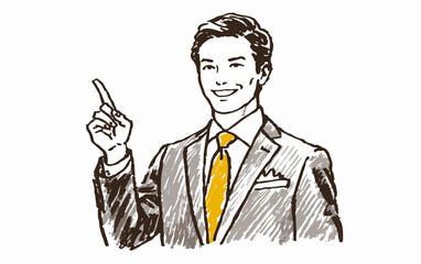 밝게 웃는 정장 차림의 남성이 손가락으로 중요한 포인트를 제시하며 설명하거나 안내하는 듯한 자신감 넘치는 비즈니스 컨셉의 벡터 일러스트레이션입니다.