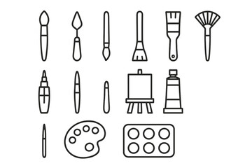 Naklejka premium Art Tool Icons. Art and painting tools. Line icon set of art and painting tools: paintbrush, palette knife, round brush, flat brush, fan brush, water brush,