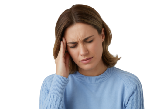 Woman experiencing migraine pain touching her temple in close-up studio portrait transparent background