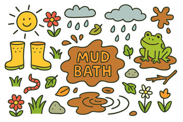 Colorful Muddy Playtime. mud bath. Colorful Hand-drawn doodle Children illustration mud bath mud, puddle, splashes, frog, boots, rain, grass, worm, leaves,