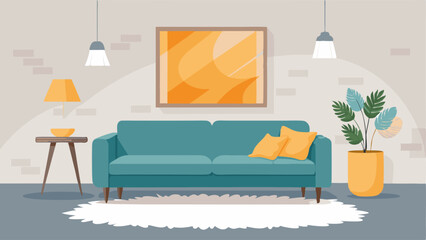 A bright and airy living room with a mix of textures including a concrete accent wall a gy rug and a plush velvet sofa.