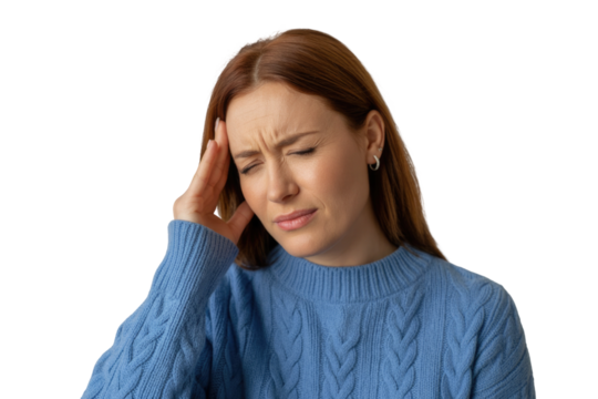 Young woman experiencing head pain touching her temple with her hand transparent background