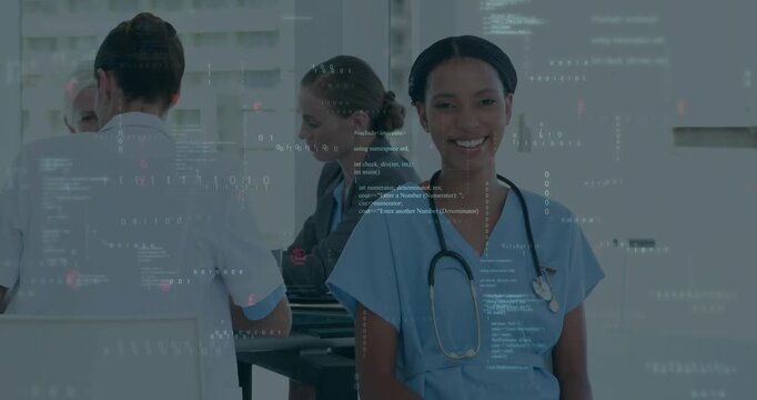 Scrolling code overlay guiding focus onto nurse smiling as colleagues continue clinical review