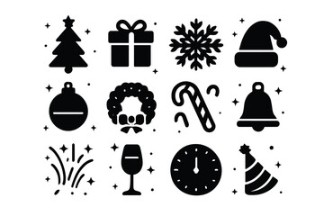 Winter Holiday Icons. Winter Holidays. Solid icons set of Winter Holidays: Christmas tree, gift box, snowflake, Santa hat, ornament, wreath, candy cane, bell,