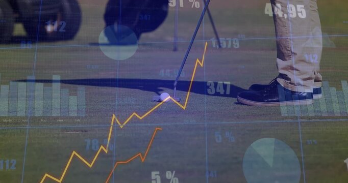 Close up starting financial overlay, golfer adjusting putter aligning to reflect market trends