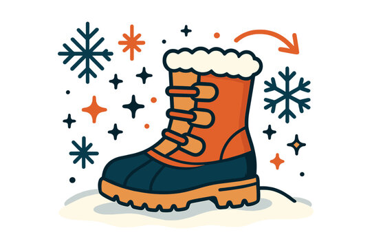 Stylish Snow Boots. Boot. Snow boots on snowy background with abstract floating snowflakes, icons, and sparkles; conveys winter, warmth, and outdoor fashion.