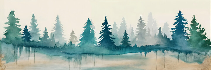 Watercolor Winter Forest Panorama with Ethereal Blue Evergreen Trees - wallpaper background