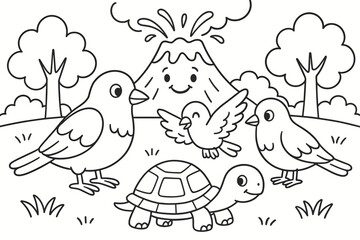 Fototapeta premium Animals and Smiling Volcano. Animals near volcanoes children?s coloring book illustration, outlined drawing, birds and a tortoise on safe ground with a distant