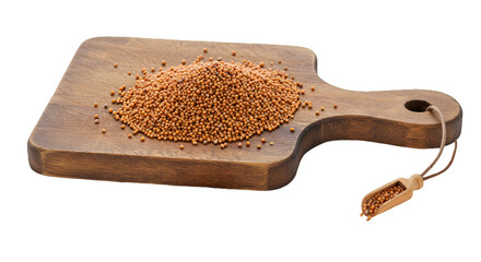 Mustard Seeds on Wooden Board with Scoop Culinary Spice Presentation