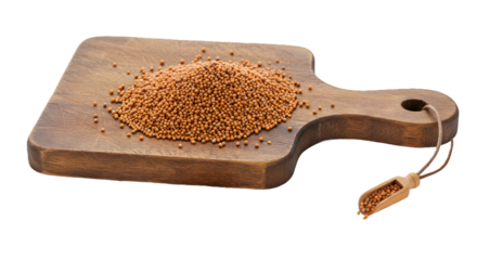 Mustard Seeds on Wooden Board with Scoop Culinary Spice Presentation