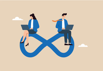 Flat illustration of business people sitting on infinity loop while working on laptops to represent continuous workflow, agile collaboration, and sustainable productivity 