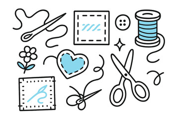 Hand Stitching Illustrations. // Hand stitching. Hand-drawn doodle illustration Hand stitching [needle (accented), thread loop (accented), fabric square,