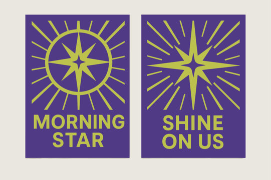 Morning Star Banners. Morning Star. Two vertical A6 banners with safe margins, centered composition, no elements touching edges, geometric, royal purple and