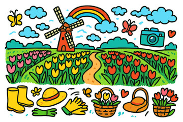 Colorful Tulip Fields. Tulip fields. Colorful Hand-drawn doodle Children illustration Tulip fields rows of tulips, windmill, walking path, rainbow, hat, basket
