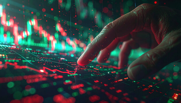 Navigating the Digital Tides: A close-up shot of a hand interacting with a glowing financial chart, representing the dynamic interplay of markets.
