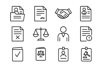 Employment Law Icons. Employment Law. Line icon set of Employment Law: employee file, contract document, handshake, job offer paper, termination notice,