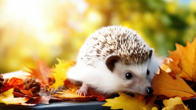 A small hedgehog carefully moves through vibrant autumn leaves while enjoying the peaceful surroundings of nature
