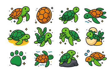 Colorful Turtle Icons. Turtle. Colorful isometric vector icons set of turtle: sea turtle, turtle shell, baby turtle, turtle swimming, turtle on sand, turtle