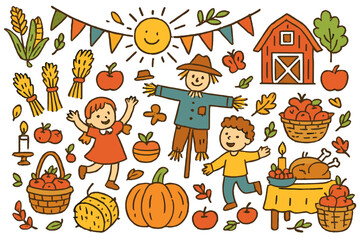Obraz premium Harvest Festival Celebration. Harvest festival. Colorful Hand-drawn doodle Children illustration Harvest festival wheat sheaves, corn, pumpkin, baskets, hay