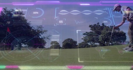 sports HUD cycling metrics guiding golfer crouching placing golf ball and studying green slope