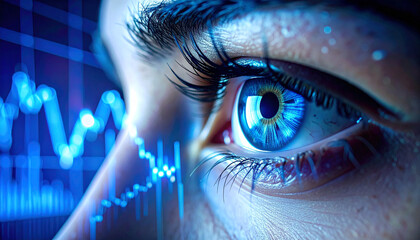 Analytical Gaze: A close-up captures a detailed view of an eye. The eye, framed by dark lashes, is rendered in the tones of a clear blue, overlaid with a digital graph of the economy.