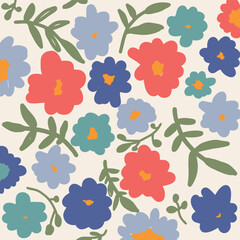Hand-Drawn Floral Seamless Pattern on colored Background, Spring Flower and Leaf Vector Repeating Design.