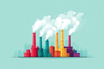 Fototapeta premium Colorful industrial chimneys emit thick plumes of white vapor against a pale blue backdrop