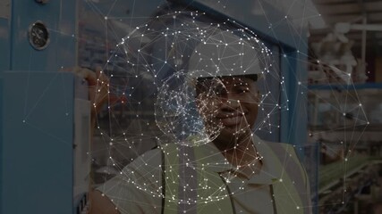 Operator rotating red knob and pressing button to start machine while network overlay pulsing