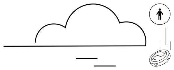Stylized cloud, person icon, and descending coin illustrate digital storage, user interaction, and monetary transaction. Ideal for technology, cloud services, data economy, online banking digital