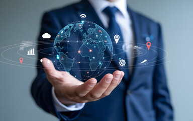 international logistics and finance visualization with holographic earth