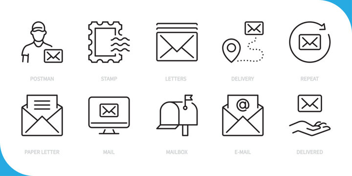 Letter & e-mail line icon set. Postman, stamp, letters, delivery, repeat, paper letter, mail, mailbox, message, delivered sign. Vector illustration. Editable stroke. Flat design.