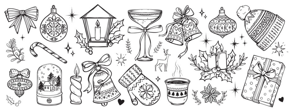 Black and white line art Christmas elements, hand drawn vector doodle set of winter holiday items, ornaments, wine glass, jingle bells, mitten, gift box.. ect