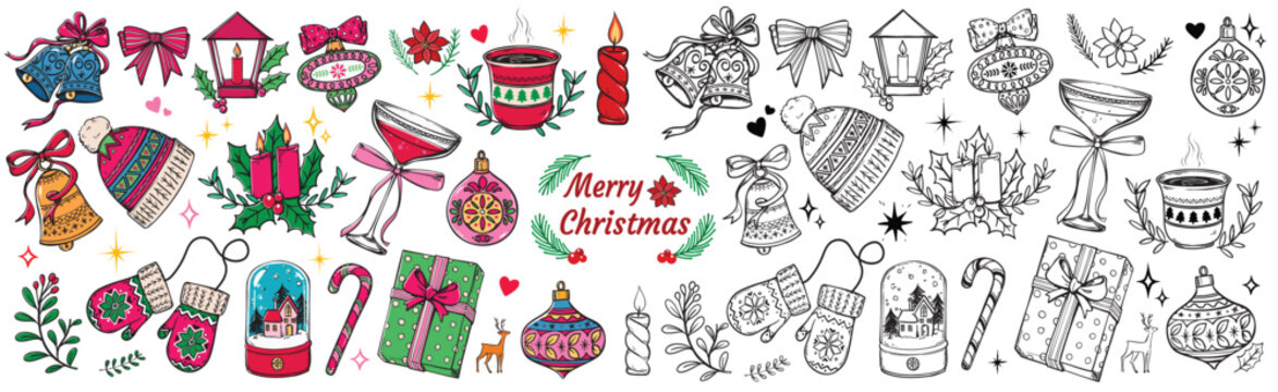 A Set of Christmas and winter items, colored and black and white line art doodle illustrations of holiday celebration elements, bells, candles, wine glass, ornaments, mittens, gift box.. ect
