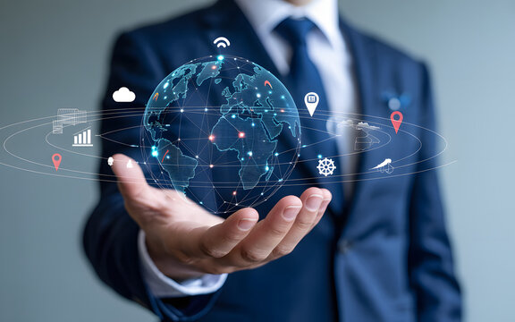 international logistics and finance visualization with holographic earth