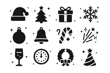 Holiday Icon Collection. Holiday Spirit. Solid icons set of Holiday Spirit: Santa hat, Christmas tree, gift box, snowflake, ornament, bell, candy cane,