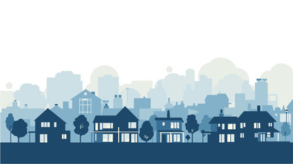 Charming suburban neighborhood with modern houses and city skyline silhouette in soft, serene hues